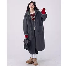 【ACheter】 毛呢大衣慵懶風長款連帽羊羔毛加厚保暖外套# 126783 L 灰色