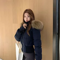 【MsMore】 辣妹毛領連帽加厚棉服收腰短款外套# 126827 M 藏青色