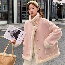 【初色】韓系撞色口袋高領排釦羊羔絨加厚寬鬆保暖長袖外套女外套-共3色-16701(M-XL可選) M 粉色