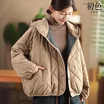 【初色】簡約復古菱格保暖磨毛寬鬆連帽排釦長袖棉服外套女外套-共3色-16714(M-2XL可選) M 卡其色