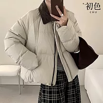 【初色】韓系拚色禦寒翻領長袖拉鍊雙口袋單排釦保暖羽絨外套女外套-共5色-16683(S/M可選) S 米白色