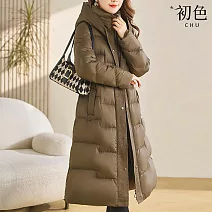 【初色】通勤風顯瘦保暖長款純色收腰系帶連帽長袖科技羽絨棉外套女外套-共3色-16675(M-3XL可選) M 卡其色