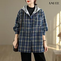 【AMIEE】寬鬆慵懶連帽毛呢外套(KDCQ-9432) M 藍色