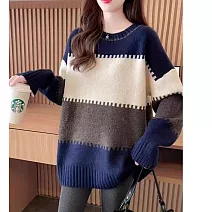 【MsMore】 條紋圓領針織毛衣寬鬆慵懶上衣# 126867 FREE 彩色