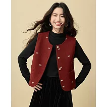 【MsMore】 東方美學精緻保暖毛呢繡花圓領背心上衣# 126914 M 紅色