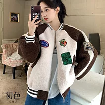 【初色】美式街頭撞色羊羔絨寬鬆加厚口袋棒球飛行員長袖外套女外套-共2色-39930(M-3XL可選) 3XL 卡其色