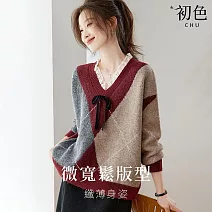 【初色】日系氣質菱格蕾絲拼接蝴蝶結V領長袖針織衫上衣女上衣-共2色-16975(F可選) F 紅色