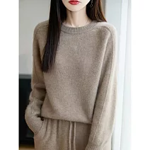 【MsMore】 圓領加厚寬鬆顯瘦軟糯毛衣上衣# 126974 FREE 棕色
