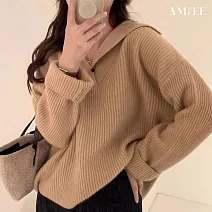 【AMIEE】設計感翻領修身針織上衣(KDTQ-2429) FREE 卡其