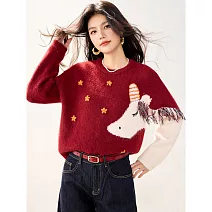 【MsMore】 小馬流蘇花朵刺繡針織衫漂亮新年毛衣# 127020 FREE 紅色