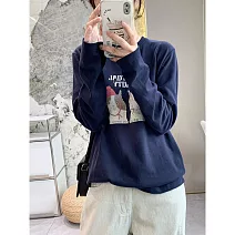 【MsMore】 長袖T恤寬鬆趣味狗印花上衣# 126991 XL 藏青色