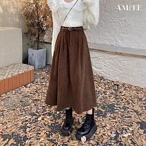 【AMIEE】復古高腰修身燈芯絨A字裙(KDSQ-1830) M 咖啡