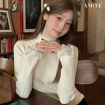 【AMIEE】氣質蕾絲拼接半高領針織上衣(KDTQ-378) M 杏色