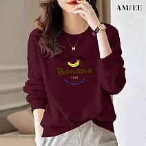 【AMIEE】甜系簡約棉質大學T圓領上衣(KDTQ-481) 2XL 酒紅