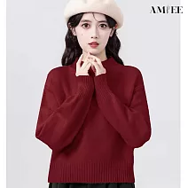 【AMIEE】無印百搭半高領針織毛衣上衣(KDTQ-8573) FREE 紅色