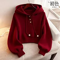 【初色】休閒短版純色寬鬆抽繩鈕扣連帽落肩袖針織毛衣上衣女上衣-共2色-17362(F可選) FREE 紅色