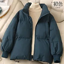 【初色】韓版寬鬆防風禦寒保暖純色立領長袖科技羽絨棉服外套女外套-共5色-17238(M-2XL可選) M 藍綠色