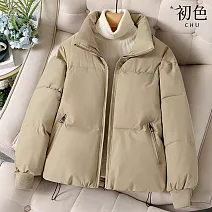【初色】韓版寬鬆防風禦寒保暖純色立領長袖科技羽絨棉服外套女外套-共5色-17238(M-2XL可選) M 卡其色