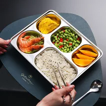 【鍋太后】學生餐盤 304不鏽鋼分隔餐盤 -5分隔長方形