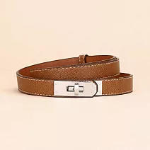 【HandStyle】皮帶 法式經典壓紋金色金屬方扣女士細皮帶(04065) _金扣焦糖色x100cm