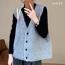 【AMIEE】韓版修身坎肩開襟針織毛衣背心(KDCQ-6827) F 灰色