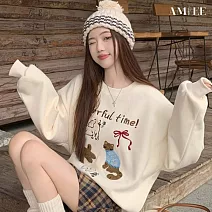 【AMIEE】韓系減齡刺繡圓領加絨上衣(KDTQ-6089) L 杏色加絨