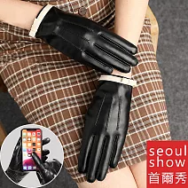 seoul show首爾秀 白色蝴蝶結西班牙頭層小綿羊皮珊瑚絨女士真皮保暖手套  黑色