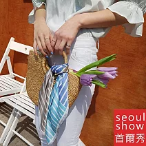 seoul show首爾秀 韓日版綜合方領巾仿真桑蠶絲緞面圍巾頭巾雪紡絲巾  14_四格粗線條 藍色