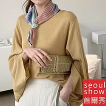 seoul show首爾秀 韓日版綜合方領巾仿真桑蠶絲緞面圍巾頭巾雪紡絲巾  20_四格細線條 藍色