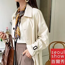 seoul show首爾秀 韓日版綜合方領巾仿真桑蠶絲緞面圍巾頭巾雪紡絲巾  42_條紋幾何圖案 咖啡