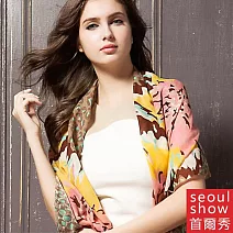 Seoul Show首爾秀 花映扶桑 60支紗100%純羊毛印花圍巾保暖披肩  豹紋綠