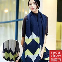 seoul show首爾秀 韓版雙面撞色菱形仿羊絨圍巾披肩  藏青