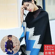 seoul show首爾秀 韓版雙面撞色菱形仿羊絨圍巾披肩  黑色