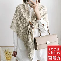 seoul show首爾秀 韓版加厚三角粗毛線針織保暖圍巾皮帶扣百變斗篷披肩  米白