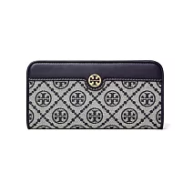 TORY BURCH 雙T-LOGO提花拼接皮革拉鍊長夾 深藍