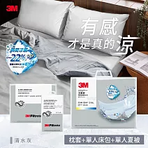3M新一代舒棉防螨枕套床包機能涼夏被-單人四件組(夏被+床包+枕套2入) 清水灰