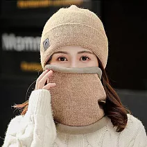 seoul show首爾秀 男女雙層加絨針織毛線帽保暖圍脖兩件一組  卡其