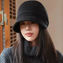 seoul show首爾秀   質感拼接金屬字母漁夫帽挺版小臉堆堆帽防寒保暖貝雷帽  黑色