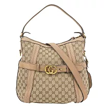 GUCCI 金色GG Logo 緹花布及皮革肩背/斜背包_展示品 (卡其/粉膚)