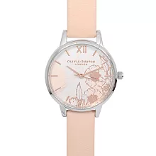 Olivia Burton 英倫復古手錶 抽象花卉浮雕 蜜桃粉色真皮錶帶銀框30mm
