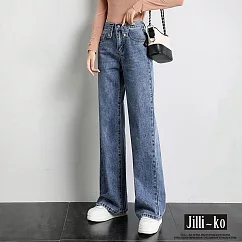 【Jilli~ko】鬆緊高腰直筒牛仔褲 M─XL J8538  M 淺藍色