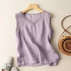 【ACheter】 麻花邊刺繡棉麻小背心上衣# 113038 XL 紫色