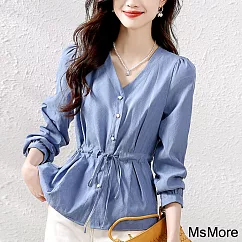 【MsMore】 藍色簡約系帶裝飾收腰襯衫長袖短上衣# 113949 M 藍色