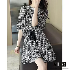 【Jilli~ko】迷你愛心小花圖案繫帶收腰連衣裙 J10283 FREE 黑色