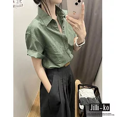 【Jilli~ko】夏季休閒百搭質感棉麻防曬襯衫 28336 FREE 綠色