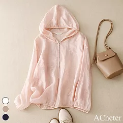 【ACheter】 細棉麻刺繡防曬外套連帽長袖寬鬆空調夾克短版文藝上衣# 118397 XL 粉紅色