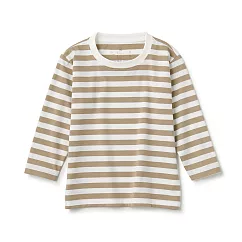 【MUJI 無印良品】幼兒棉混聚酯纖維圓領長袖T恤 100 米色橫紋