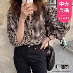 【Jilli~ko】韓版開扣圓領格子寬鬆顯瘦襯衫 J10979 FREE 咖色