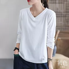 【初色】純色V領拼貼英文字貼布寬鬆顯瘦長袖T恤上衣-共5色-31548(M-2XL可選) M 白色