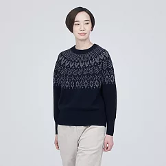 【MUJI 無印良品】女美麗諾羊毛緹花織紋圓領針織衫 S 深藍紋樣